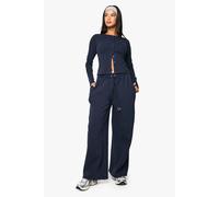 Boohoo Rib Button Through Long Sleeve Top Tracksuit In Navy navy L