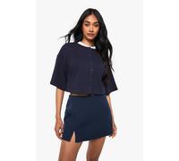 Boohoo Rib Button Through Slouchy 3/4 Sleeve Top In Navy navy 10