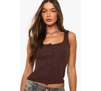 Boohoo Rib Button Through Square Neck Top In Chocolate chocolate 16