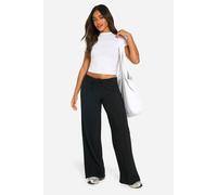 Boohoo Rib Drawstring Waist Wide Leg Trouser In Black black 14