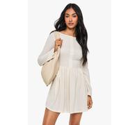 Boohoo Rib Drop Hem Button Down Mini Dress In Cream cream 14