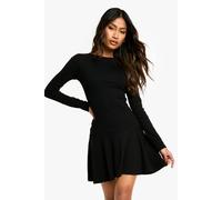 Boohoo Rib Dropped Hem Skater Dress In Black black 16