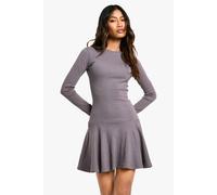 Boohoo Rib Dropped Hem Skater Dress In Grey grey 18