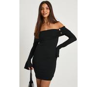 Boohoo Rib Gold Button Detail Bardot Mini Dress In Black black 10