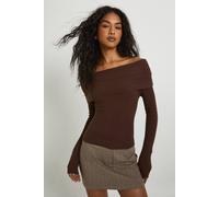 Boohoo Rib Knit Extreme Bardot Jumper In Chocolate chocolate L