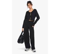 Boohoo Rib Tie Front Long Sleeve Top And Drawstring Straght Leg Trouser Set In Black black 16