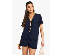 boohoo Women's Rib Tie Front Short Sleeve Top & Short Set in Navy | Size: 14