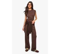 Boohoo Rib Wide Leg Trouser In Chocolate chocolate 8