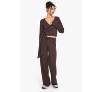 Boohoo Rib Wrap Over Tie Detail Top & Trouser Set In Chocolate chocolate 10