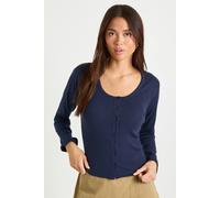 boohoo Women's Ribbed Button Through Scoop Neck Long Sleeve Top in Navy | Size: 12