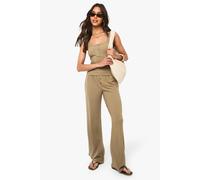 boohoo Women's Ribbed Henley Button Sleeveless Tank & Straight Leg Trouser Co-Ord Top in Khaki | Size: 10