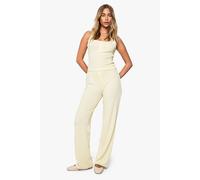 Boohoo Ribbed Henley Button Sleeveless Tank And Straight Leg Trouser Co-Ord In Lemon lemon 12