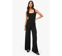 boohoo Women's Ribbed Picot Trim Vest & Straight Leg Trouser Co-Ord in Black | Size: 10