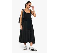 boohoo Women's Ribbed Scoop Neck Mixed Fabric Smock Midaxi Dress in Black | Size: 18