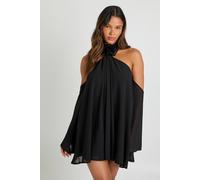 Boohoo Rose Trim Chiffon Halterneck Mini Dress In Black black 12
