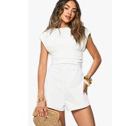 Boohoo Ruched Cap Sleeve Woven Playsuit In Ecru ecru 12
