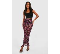 Boohoo Ruched Mesh Floral Printed Maxi Skirt In Black black 8