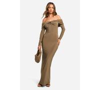 Boohoo Ruched Twist Detail Bardot Maxi Dress In Mushroom mushroom 12