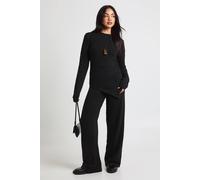 Boohoo Ruched Waist Detail Knitted Jumper And Wide Leg Trouser Co-Ord In Black black S