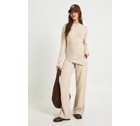 Boohoo Ruched Waist Detail Knitted Jumper And Wide Leg Trouser Co-Ord In Stone