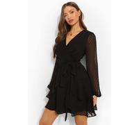 Boohoo Ruffle Hem Dobby Chiffon Mini Dress In Black black 8