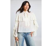 Boohoo Ruffle Tie Detail Balloon Sleeve Blouse In Cream cream 6