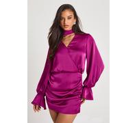 Boohoo Satin Blouson Wrap Dress In Magenta magenta 12