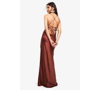 Boohoo Satin Cross Back Maxi Slip Dress In Chocolate chocolate 18