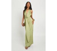 Boohoo Satin Halter Neck Plunge Drape Detail Maxi Dress In Olive olive 14