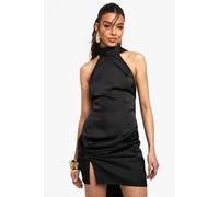 Boohoo Satin High Neck Mini Dress In Black black 18