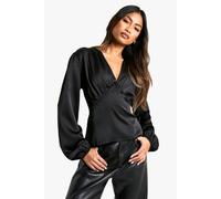 Boohoo Satin Long Sleeve Blouse In Black black 6