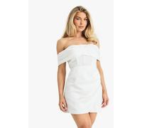 Boohoo Satin Ruched Bardot Drape Detail Mini Dress In White white 14