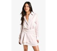 boohoo Women's Satin Ruched Shirt Dress in Oyster | Size: 8