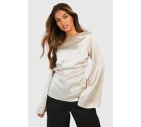 Boohoo Satin Slash Neck Ruched Waist Blouse In Sand sand 6