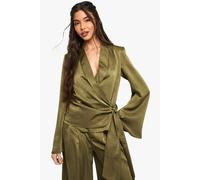 boohoo Women's Satin Wrap Tie Blouse in Khaki | Size: 10