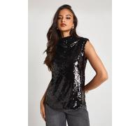 Boohoo Sequin High Neck Ruched Top In Black black 6
