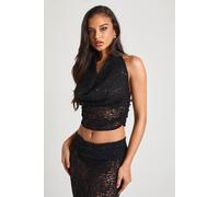 boohoo Women's Sequin Lace Cowl Neck Top in Black | Size: 16