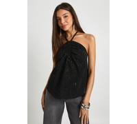 Boohoo Sequin Rib Strappy Halterneck Ruched Top In Black black 10
