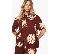 Boohoo Shell Print Linen Resort Shirt In Chocolate chocolate 8