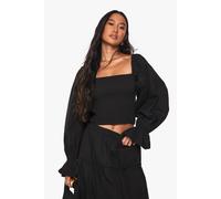 Boohoo Shirred Cotton Poplin Blouse In Black black 10