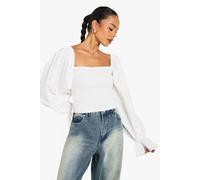 Boohoo Shirred Cotton Poplin Blouse In White white 14