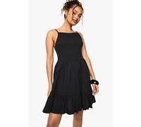 Boohoo Shirred Textured Tiered Smock Mini Dress In Black black XL