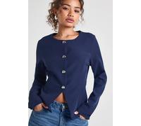 boohoo Women's Silver Trim Collarless Blazer in Navy | Size: 8