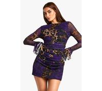 Boohoo Slash Neck Mixed Leopard Print Flare Sleeve Mini Dress In Brown brown 8