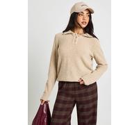 Boohoo Soft Boucle Knit Collared Button Down Oversized Jumper In Stone stone