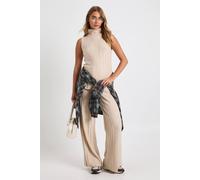 Boohoo Soft Knit Longline Roll Neck Sleeveless Jumper And Wide Leg Trouser Co-Ord In Stone stone S