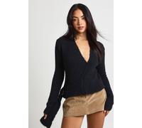 Boohoo Soft Knit Wrap Detail Metal Trim Cardigan In Black black M