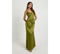 Boohoo Square Neck Satin Ruched Maxi Dress In Olive olive 14