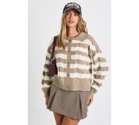 Boohoo Stripe Collared Knit Cardigan In Taupe taupe L