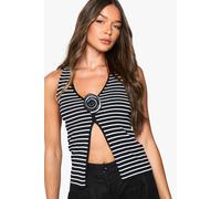 Boohoo Stripe Floral Corsage Crochet Knitted Waistcoat In Mono mono M